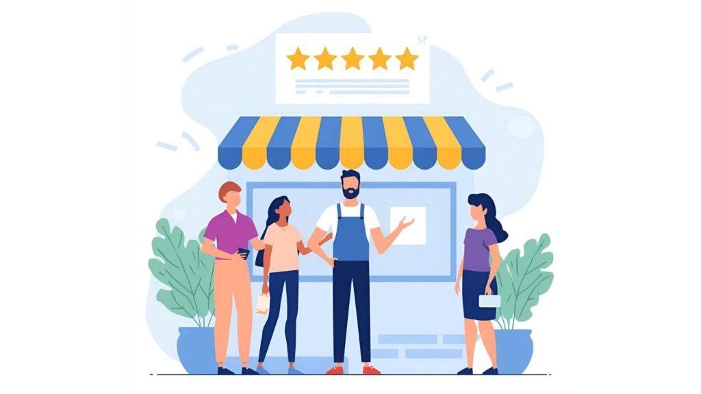 Flat illustration of an Australian business owner surrounded by Google review stars and customers