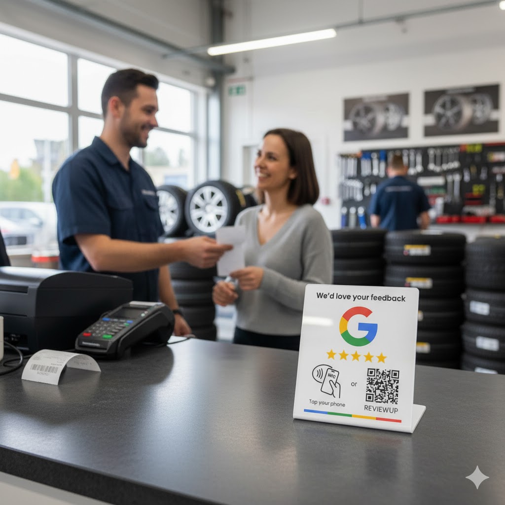 Google review stand for tyre shop