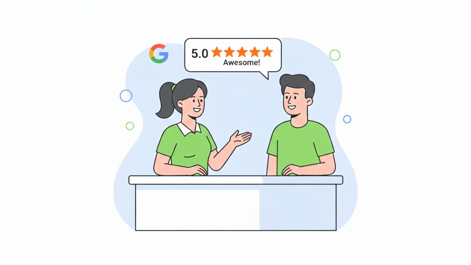 Illustration of a staff member asking a happy customer to leave a Google review