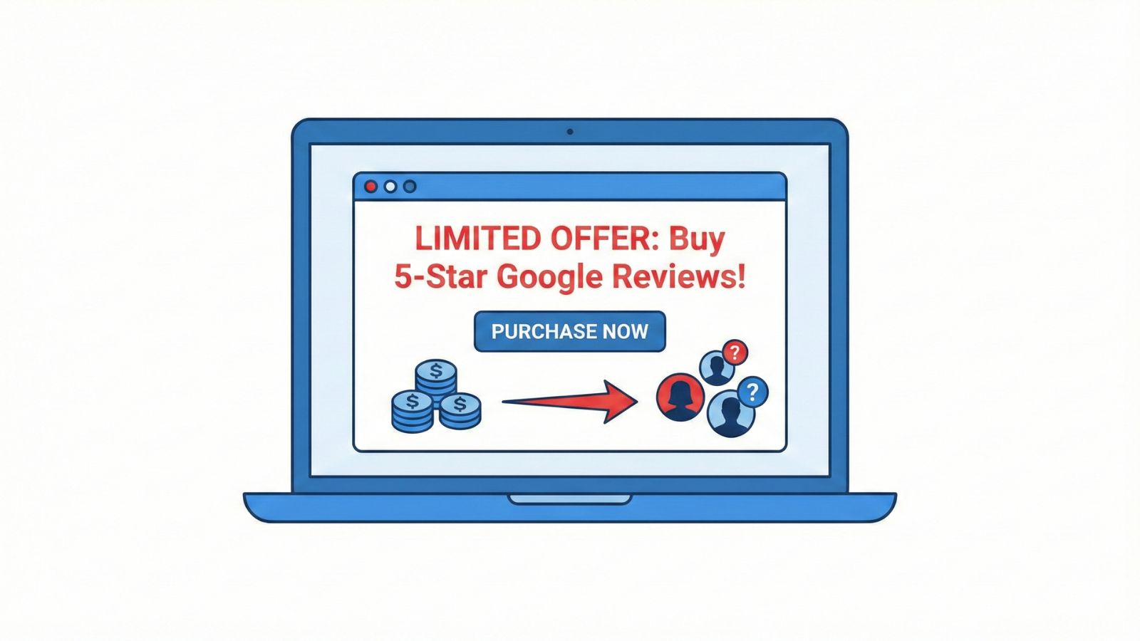 Flat illustration showing examples of buying fake Google reviews online