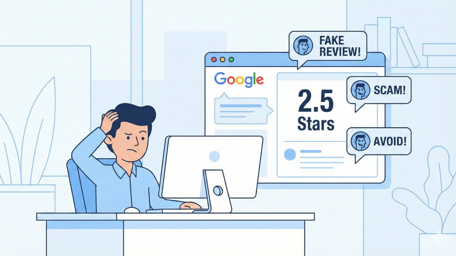 Flat illustration of a worried business owner looking at suspicious Google star ratings on a screen