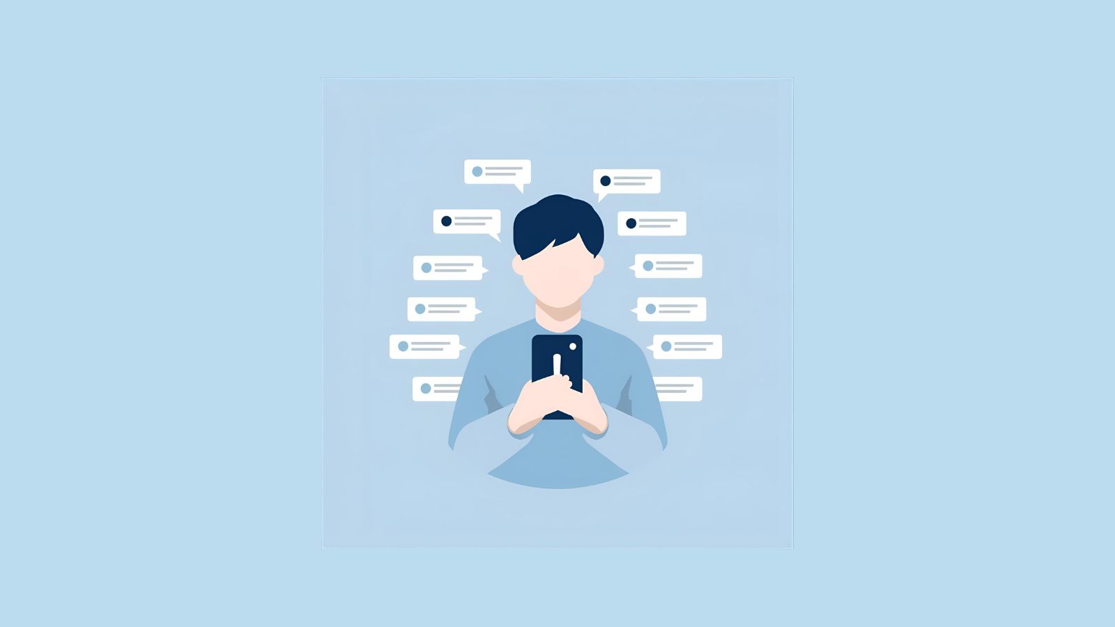 Flat illustration of a customer looking at multiple notifications on a phone