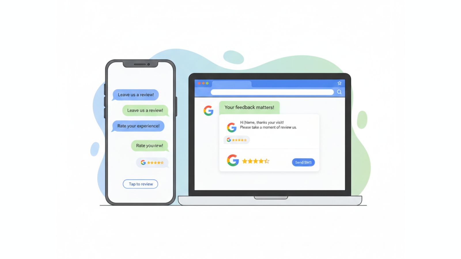 Illustration of email and SMS messages reminding customers to leave a Google review
