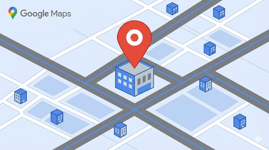 Illustration of a Google Maps pin showing a storefront location