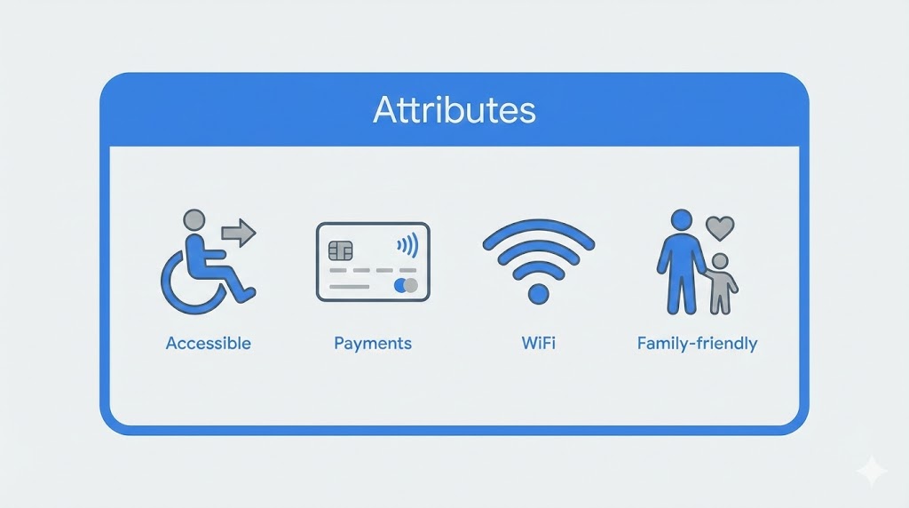 Illustration of attribute icons for accessibility, payments, and amenities