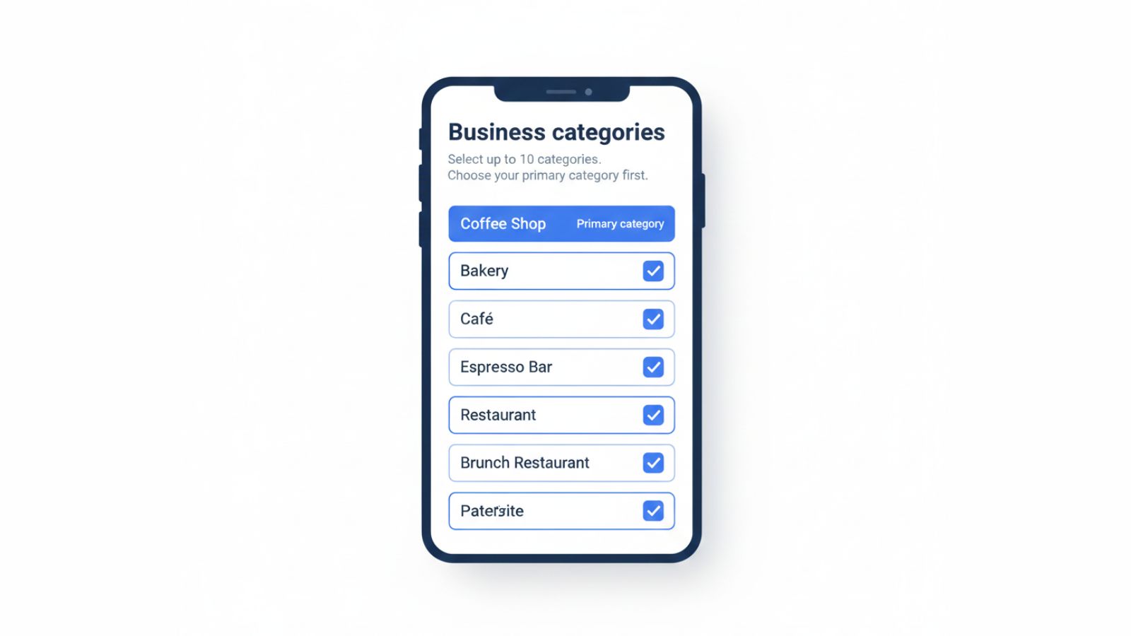 Illustration of a Google Business Profile category selector with highlighted primary category