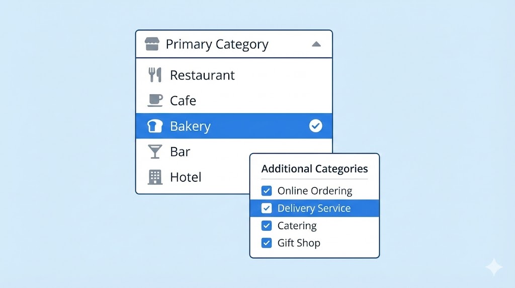Illustration of selecting primary and secondary categories in Google Business Profile