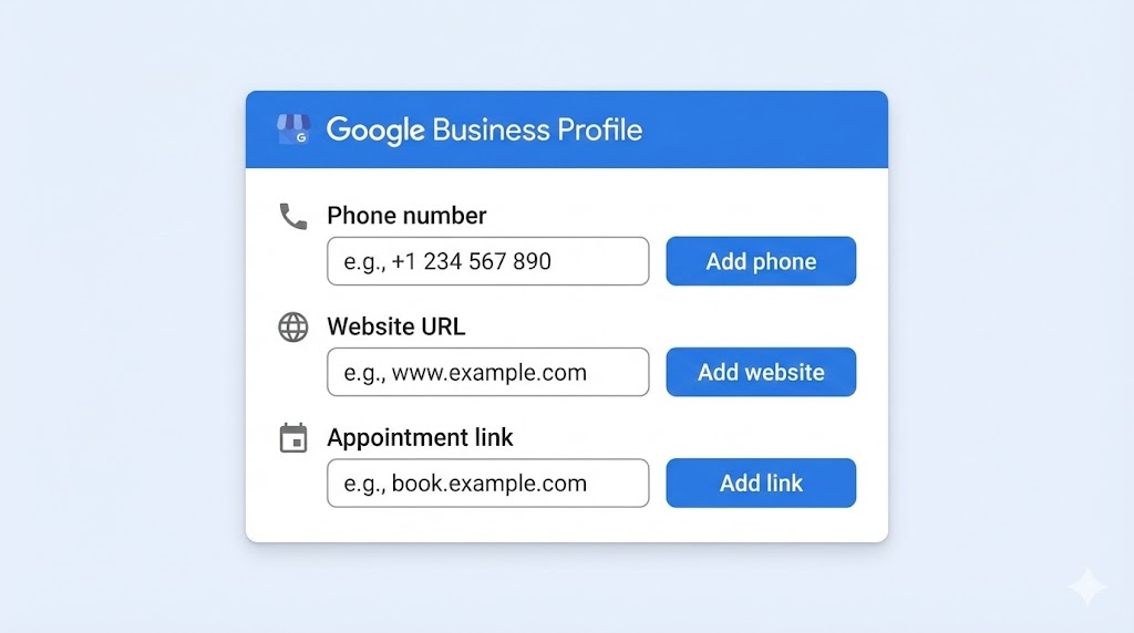 Illustration of contact and website fields inside a Google Business Profile