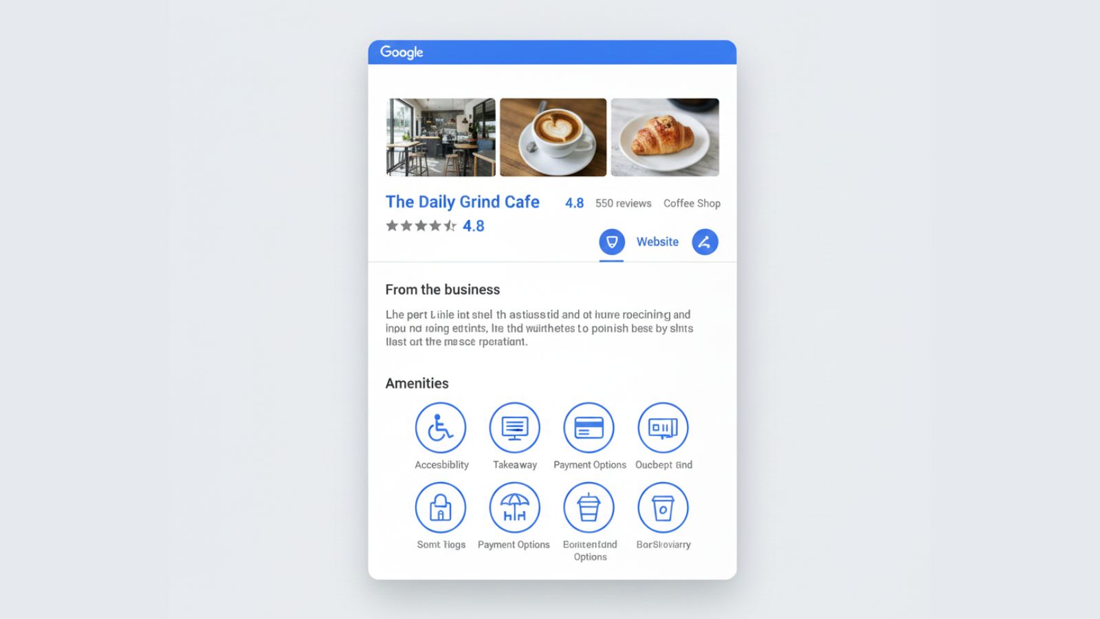 Illustration of a Google Business Profile panel with description and small attribute icons