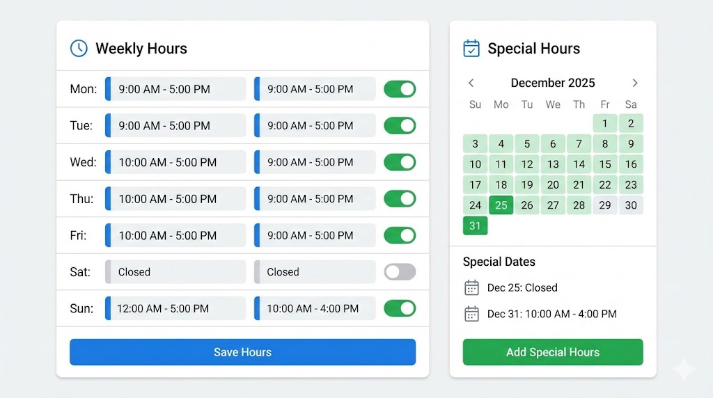 Illustration of opening hours and special hours fields in Google Business Profile