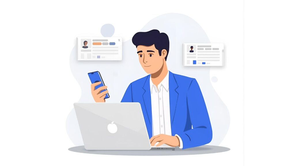 Flat illustration of a business owner viewing Google Business Profile on a laptop and phone