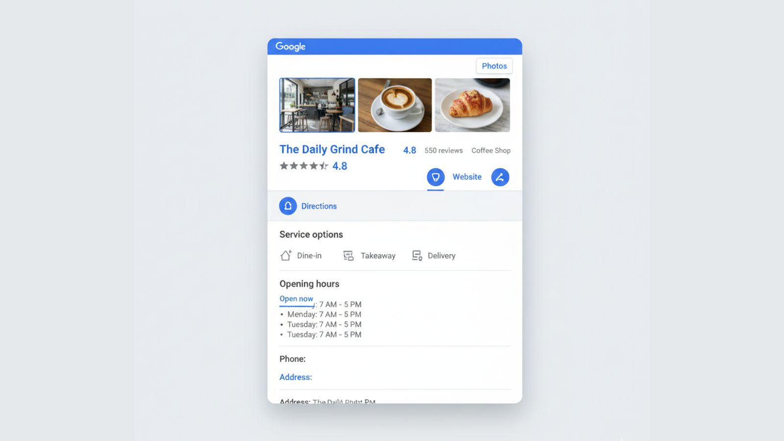 Illustration of a polished Google Business Profile with photos and reviews