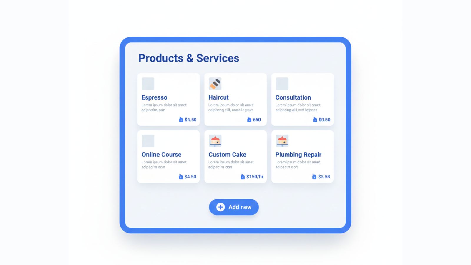 Illustration of product and service cards showing names, prices, and short descriptions