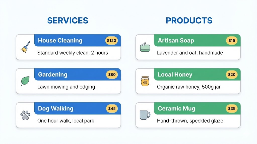 Illustration of services and product cards inside a Google Business Profile