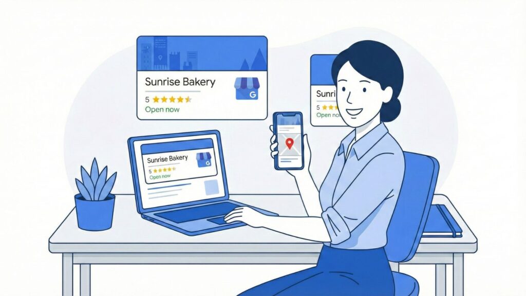 Flat illustration of a business owner setting up a Google Business Profile on laptop and phone