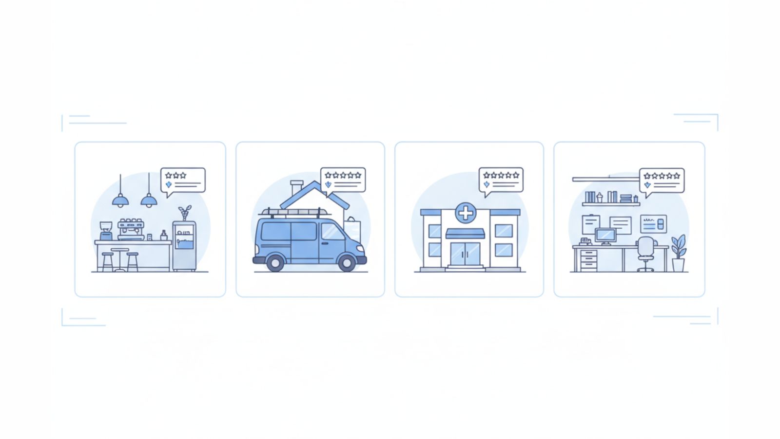 Flat illustration of different business types with Google review icons above them