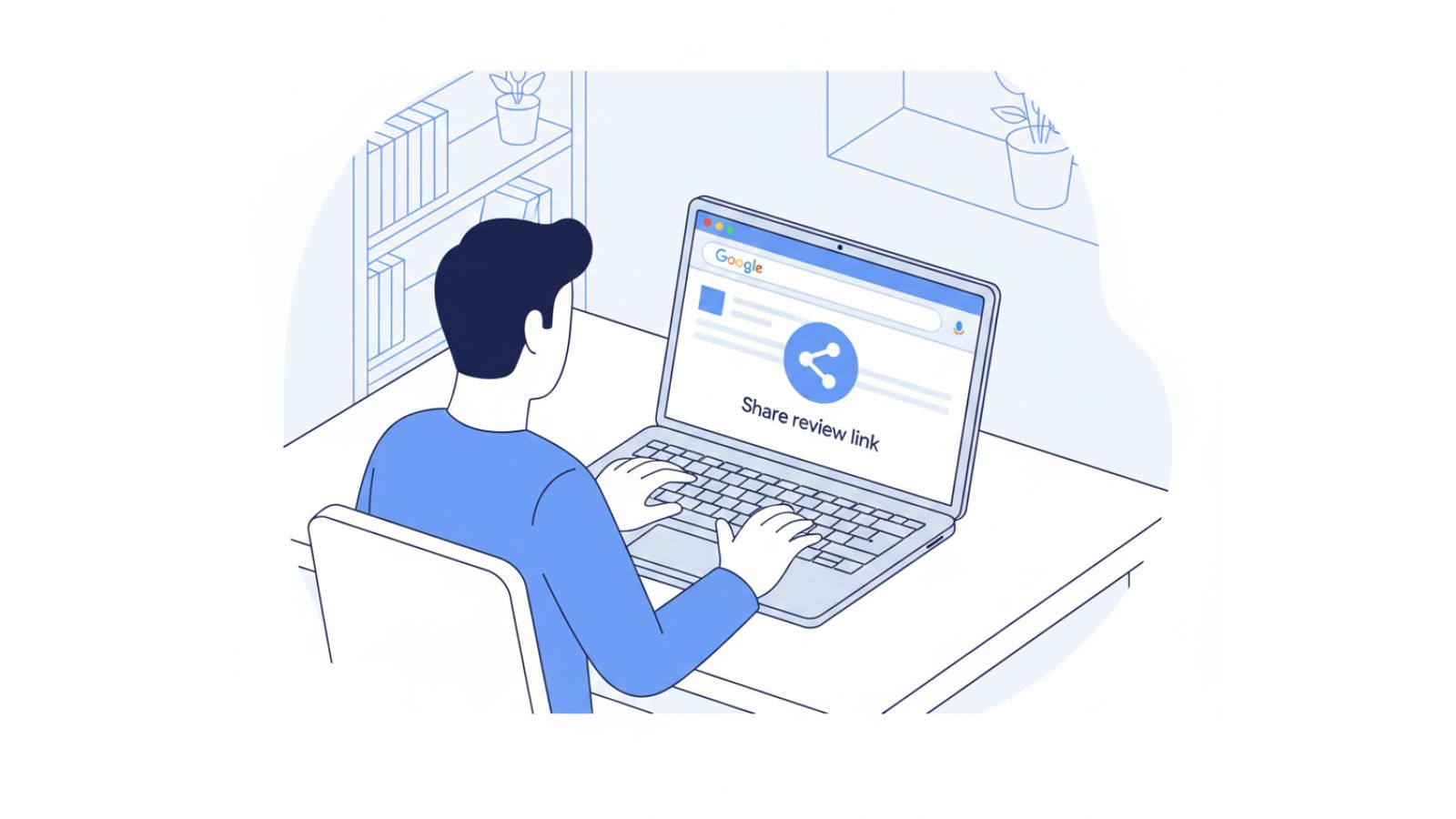 Illustration of a business owner creating a direct Google review link on a laptop