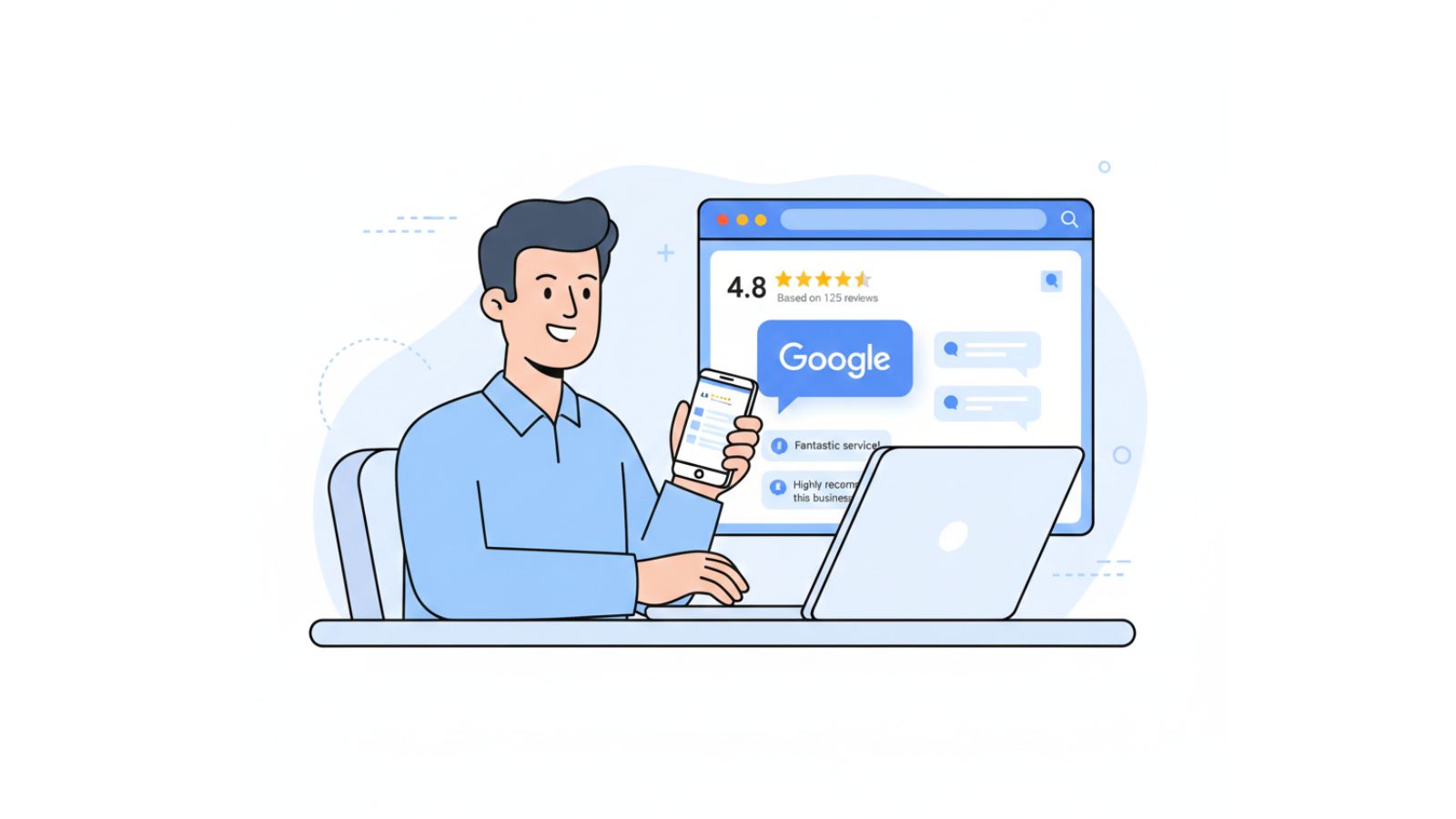 Flat illustration of a business owner managing Google reviews on a laptop and phone