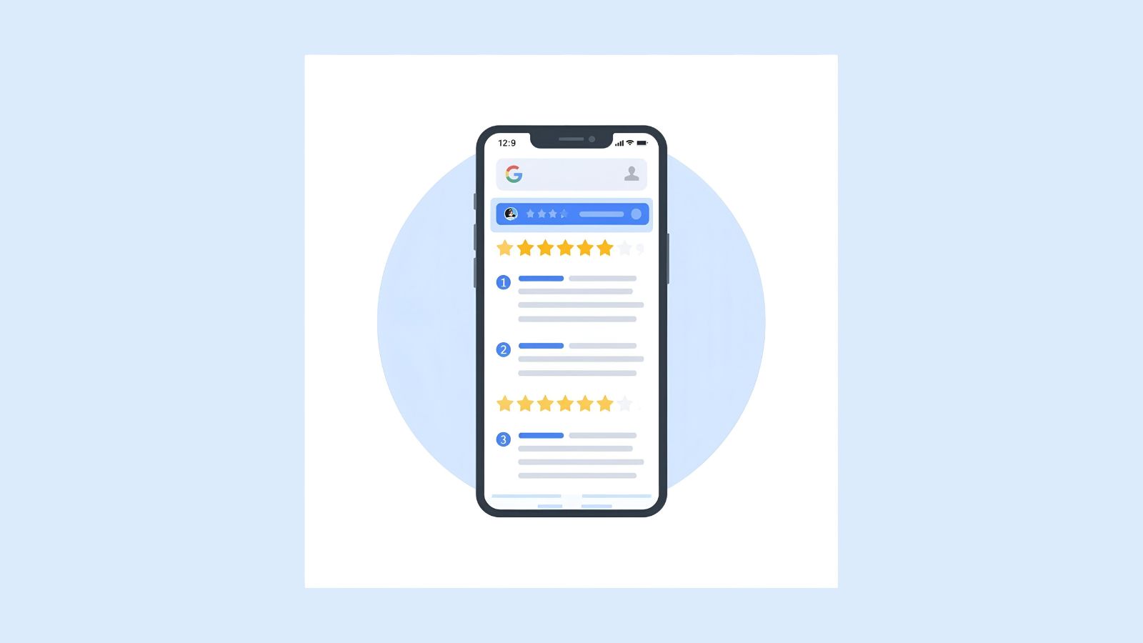 Flat illustration of a phone showing Google star ratings and review text