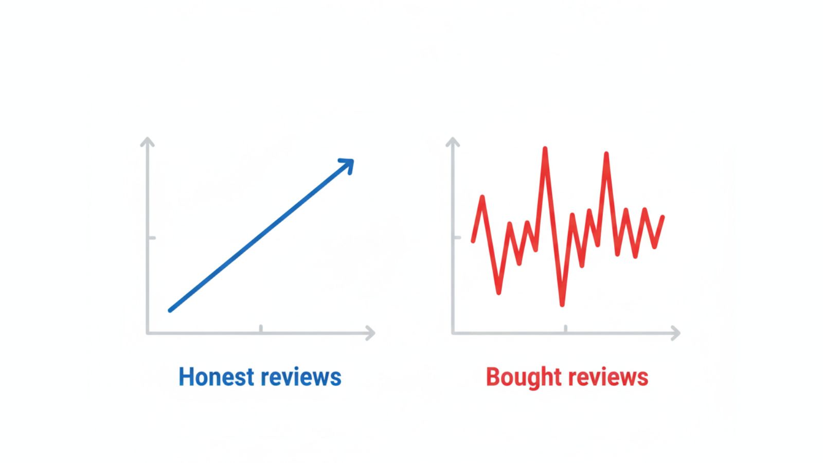 Flat illustration comparing honest slow-and-steady review growth with risky fake review spikes