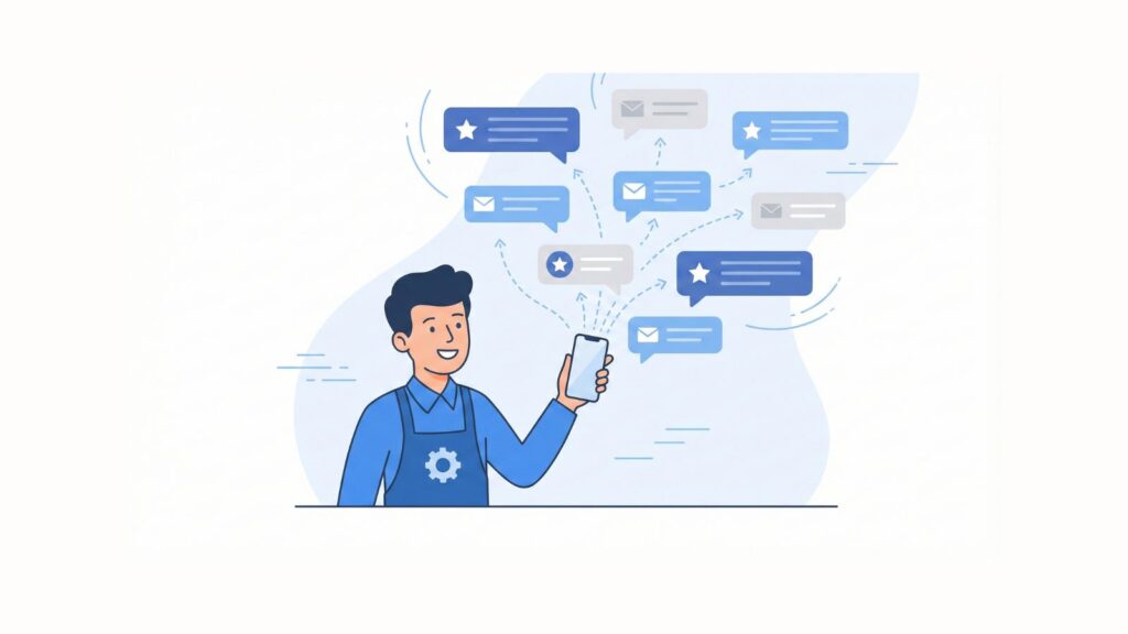 Flat illustration of a business owner sending automated Google review requests from a phone