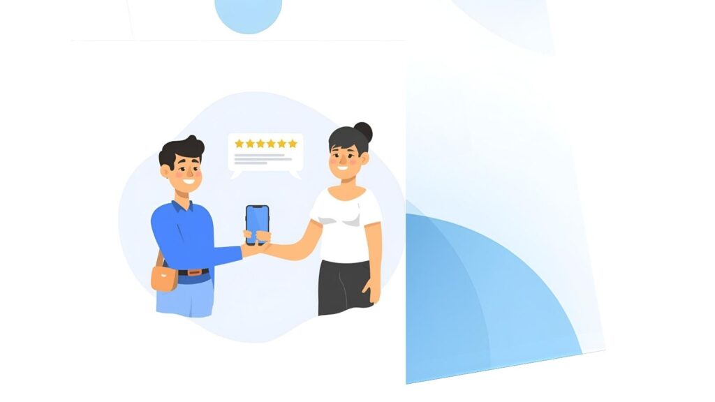 Flat illustration of a business owner politely asking a customer for a Google review using a smartphone.