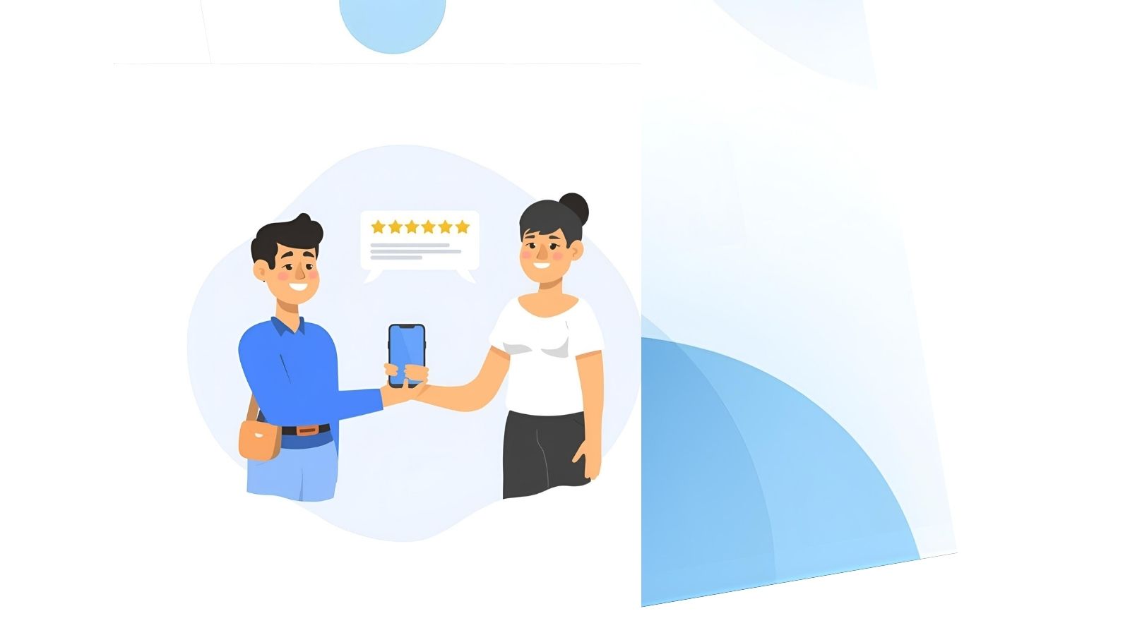 Flat illustration of a business owner politely asking a customer for a Google review using a smartphone.