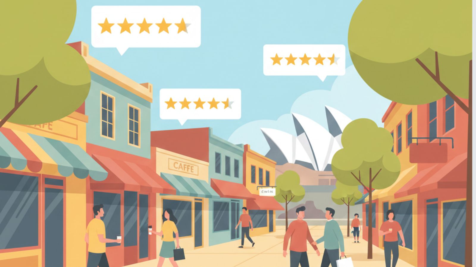 Illustration of an Australian high street with local businesses and review stars above them