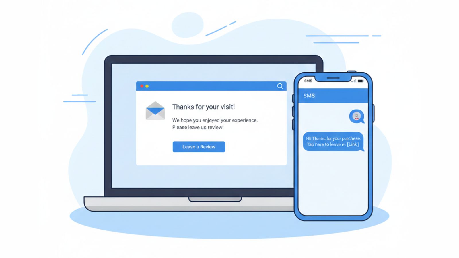 Flat illustration of email and SMS templates for Google review requests