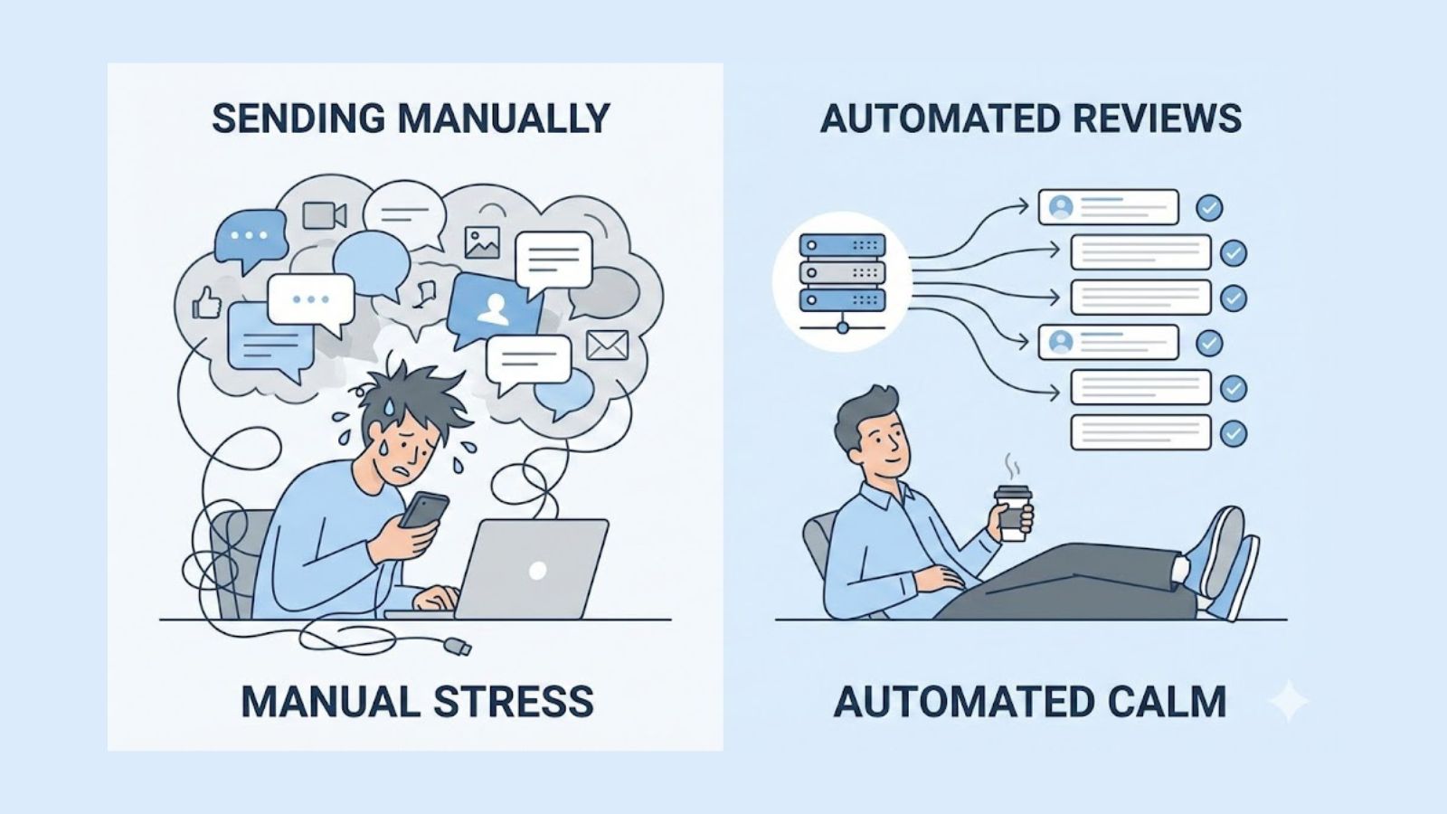 Flat illustration comparing manual review requests and automated review requests