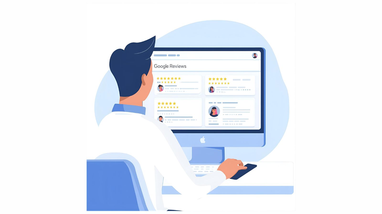 Illustration of a business owner monitoring Google reviews from a dashboard