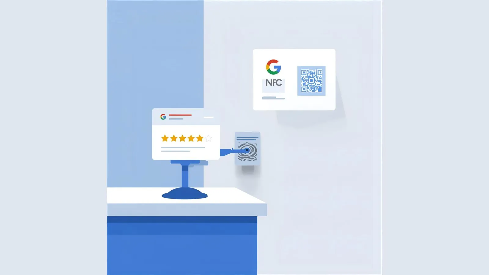 Illustration of NFC and QR Google review cards, stands, and plates on a counter
