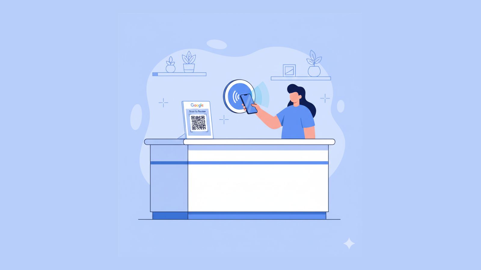 Flat illustration of NFC and QR Google review devices on a counter and wall