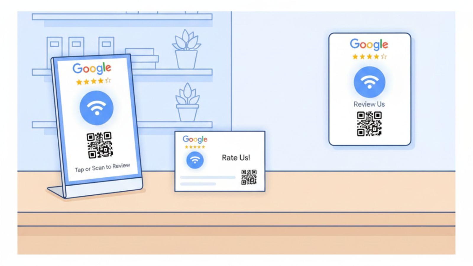Illustration of NFC and QR Google review cards, stands, and plates on a counter