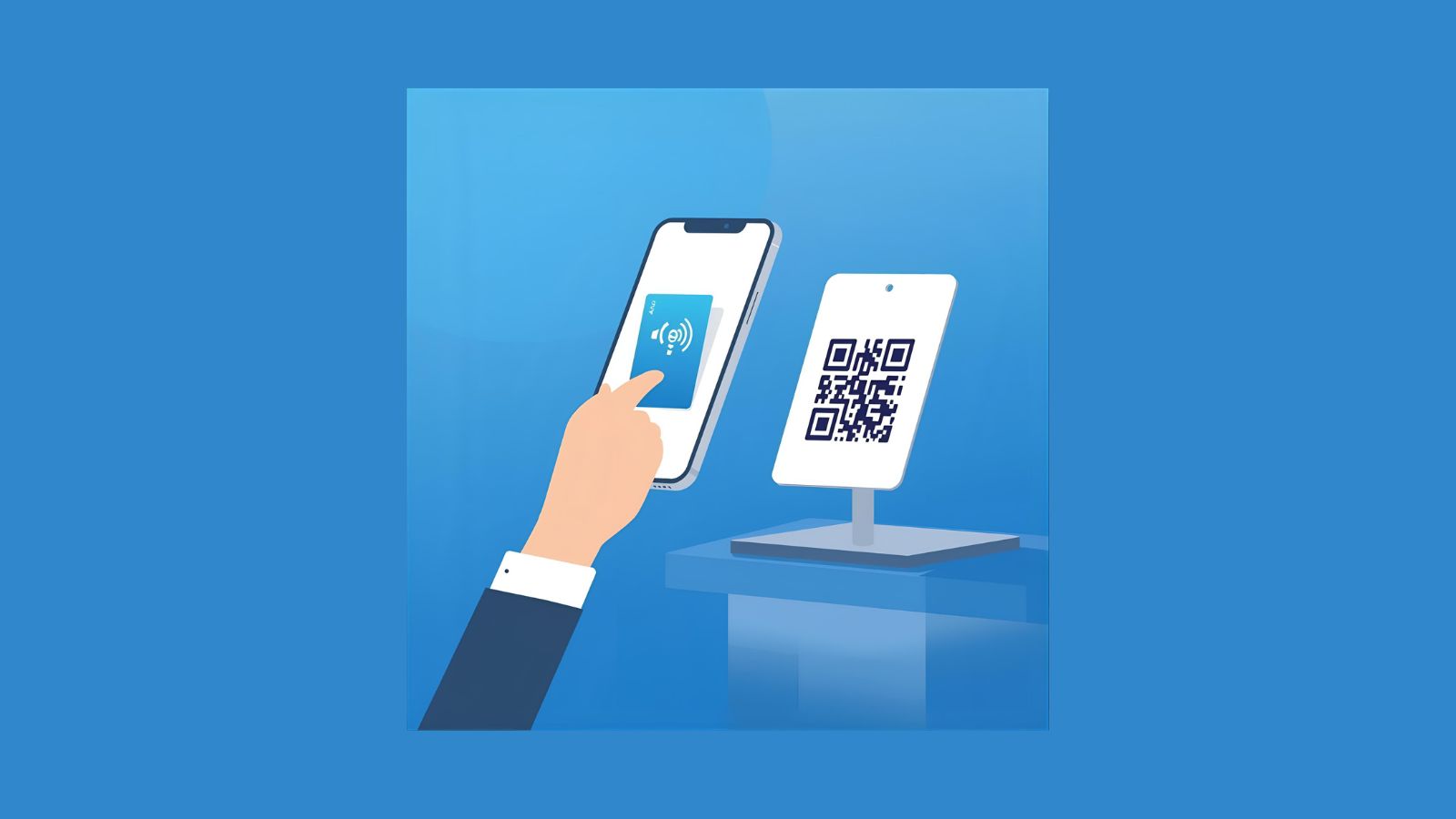 Flat illustration of a phone tapping an NFC card and scanning a QR sign to leave a review