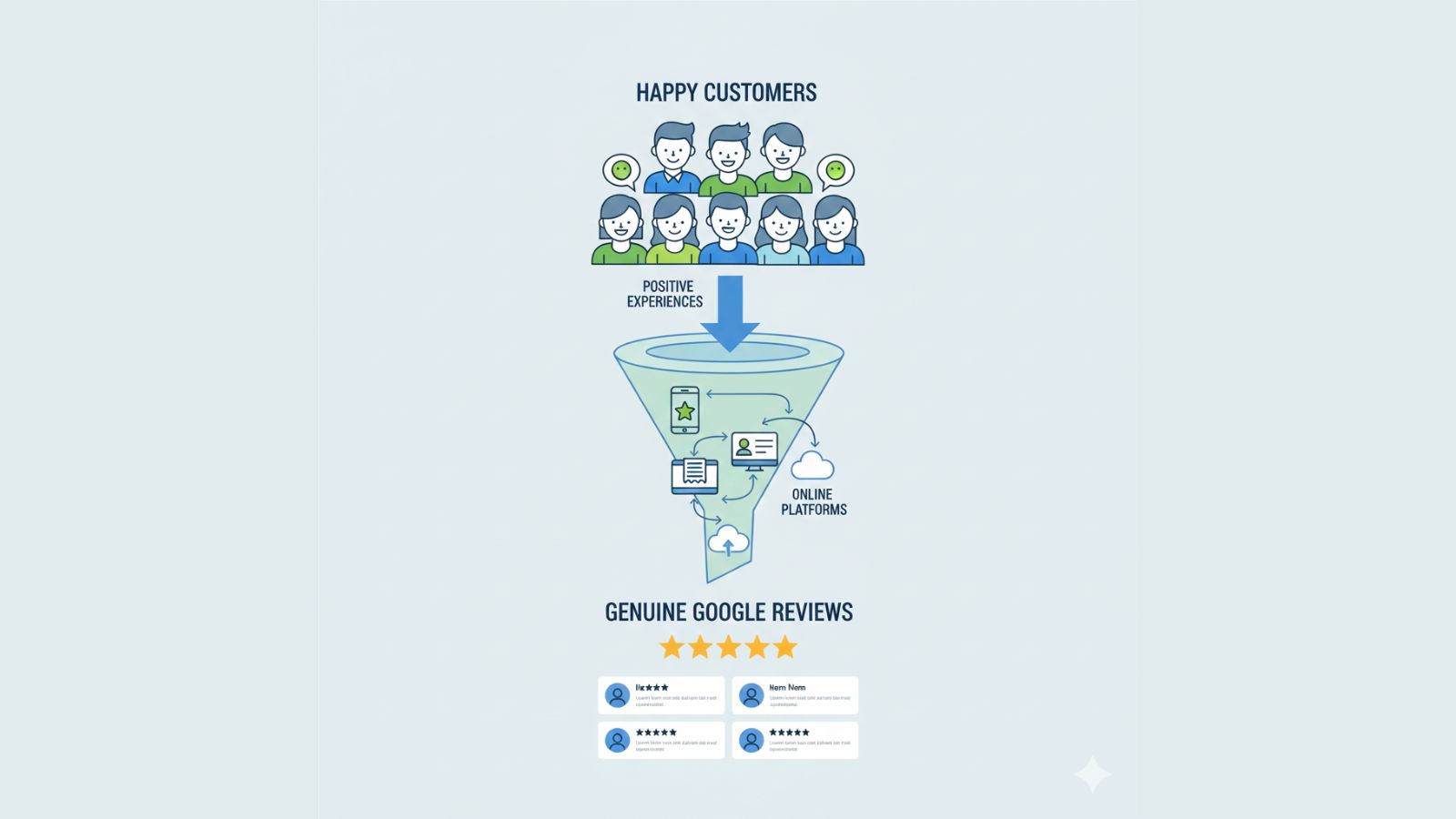 Flat illustration of a simple system turning real customer experiences into Google reviews