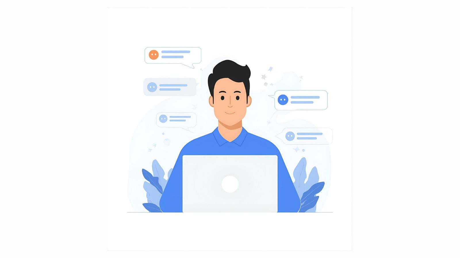 Illustration of a business owner calmly responding to Google reviews on a laptop