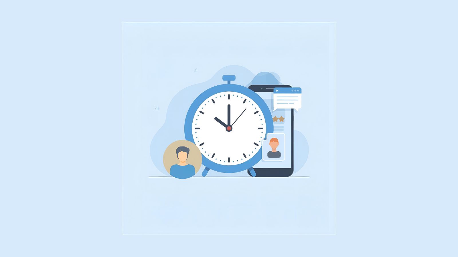 Flat illustration of a clock, customer icon, and phone to represent timing of review requests