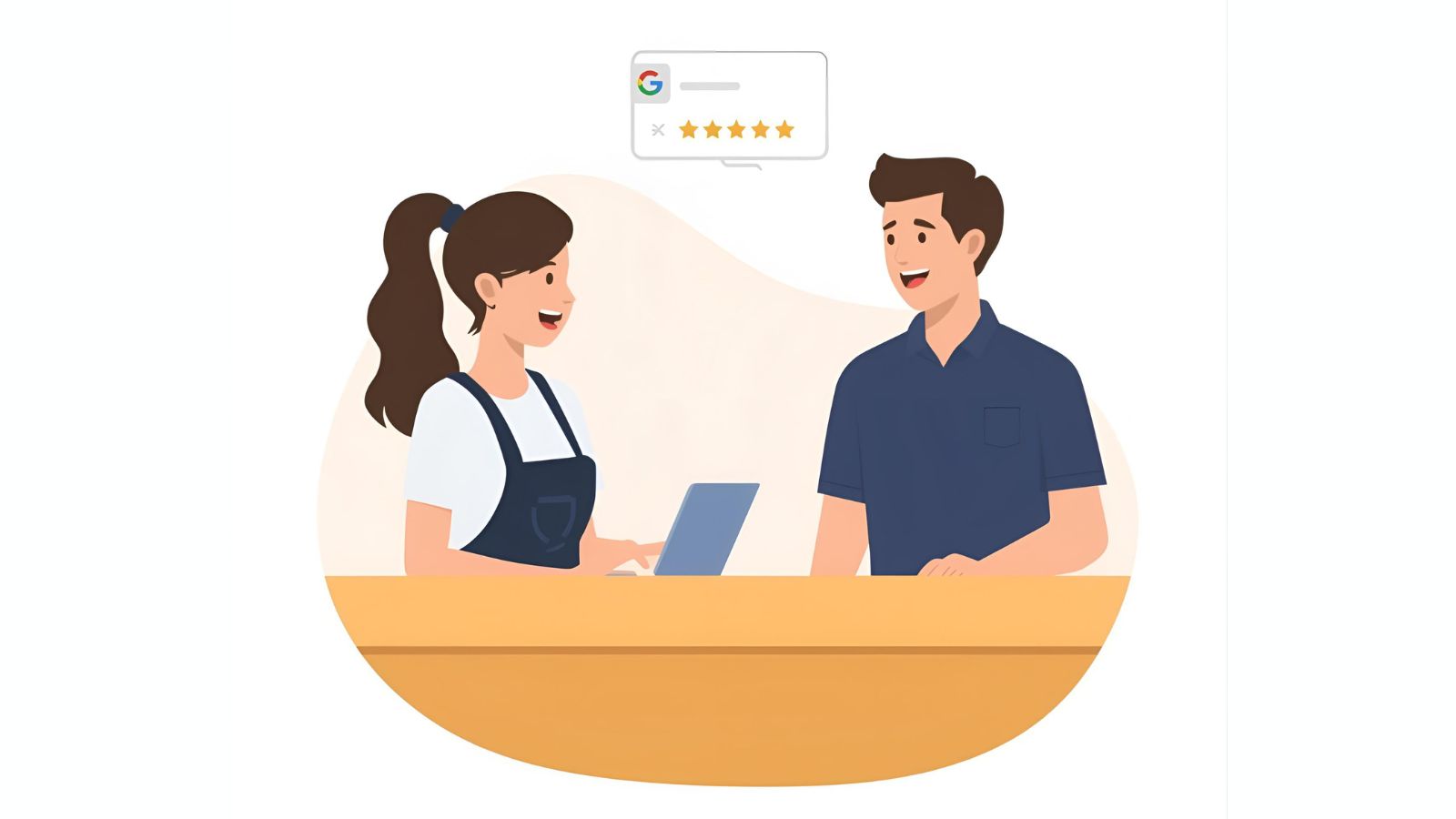 Illustration of a staff member asking for a Google review at the right time