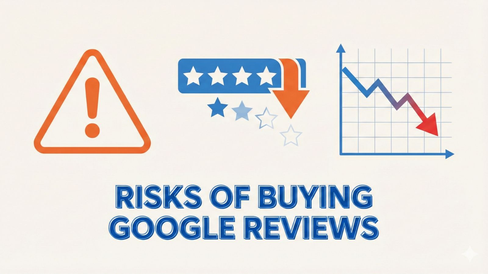 Flat illustration of a warning sign and declining charts showing risks of buying Google reviews