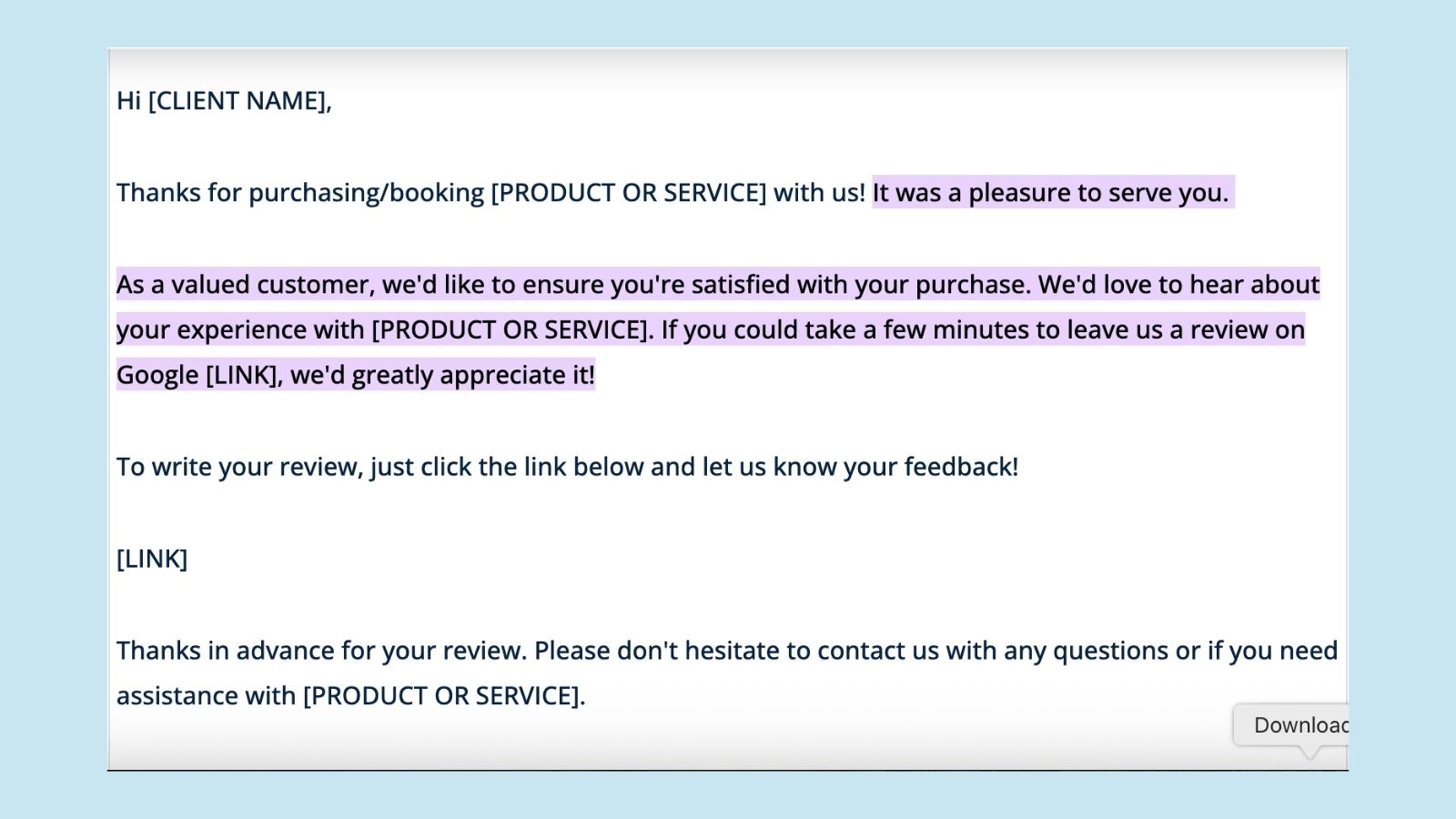 Screenshot of email template politely asking for a Google review