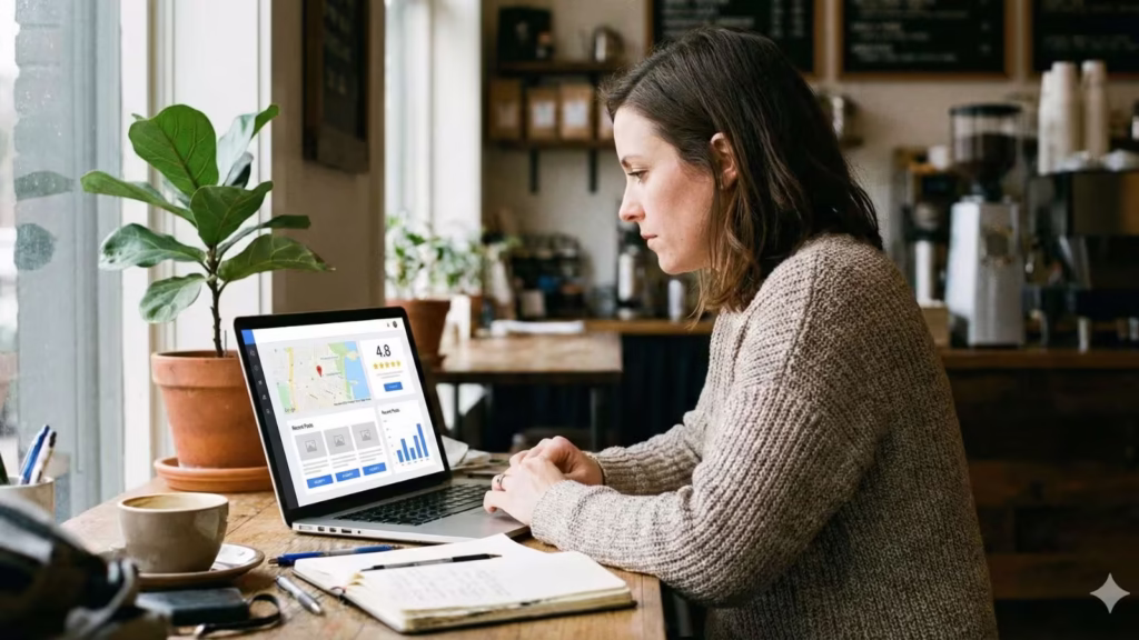 Small business owner reviewing their Google Business Profile insights on a laptop in a bright office