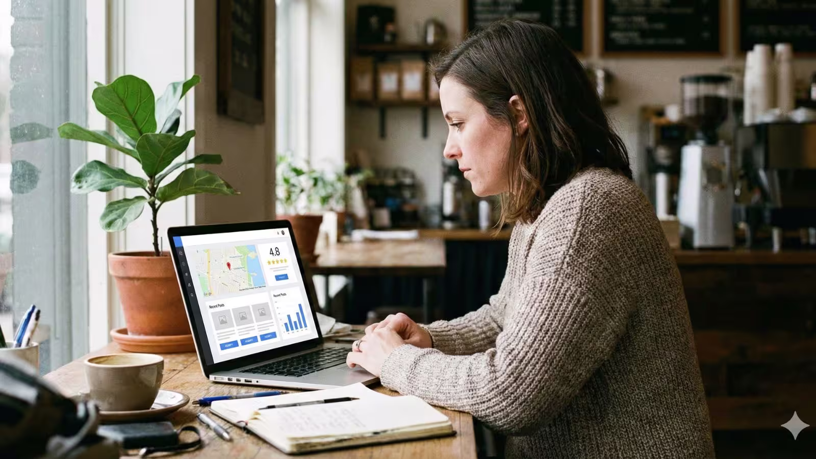 Small business owner reviewing their Google Business Profile insights on a laptop in a bright office