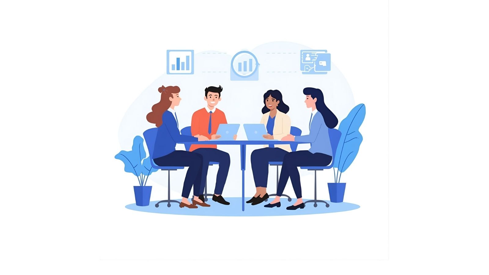 Flat illustration of staff being trained on how to ask customers for Google reviews