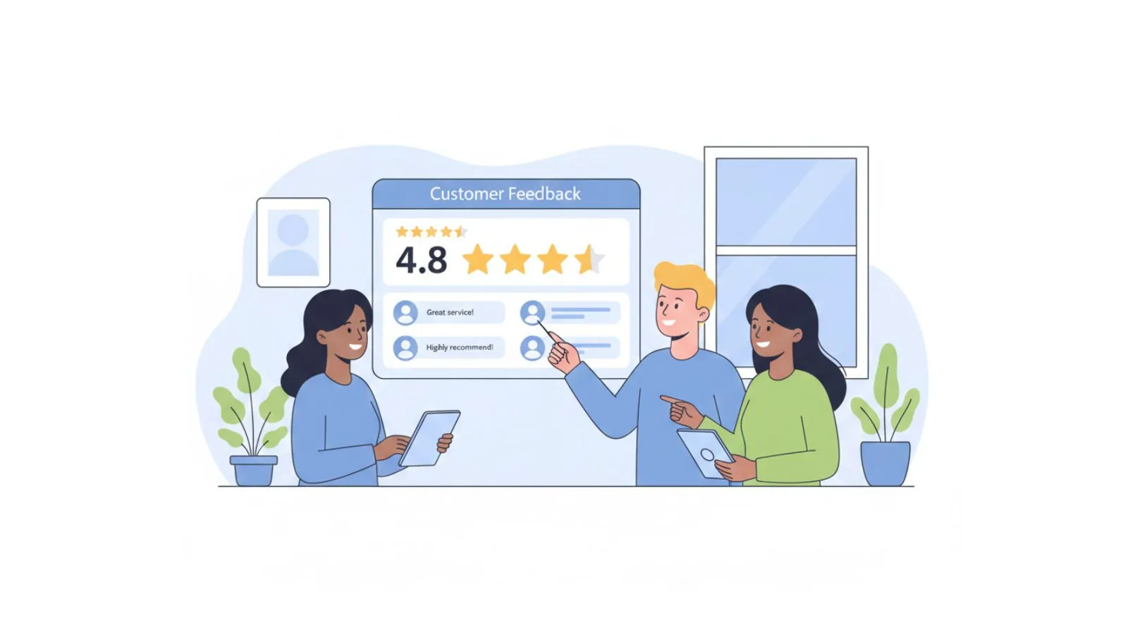 Illustration of a small team discussing customer reviews and feedback