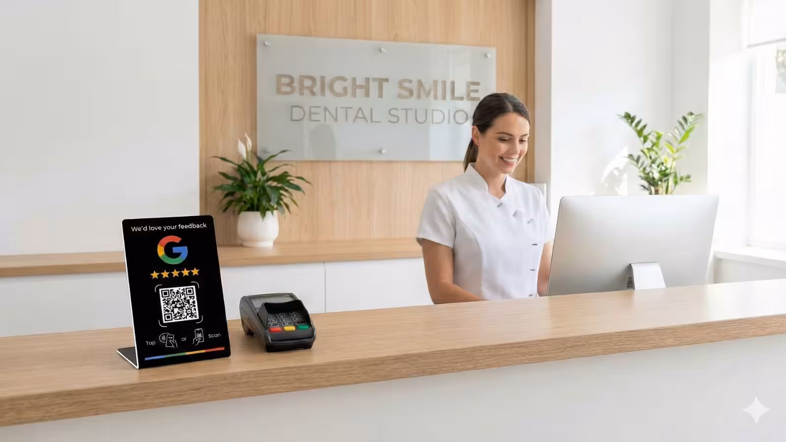Reception desk in a clinic with a Google review stand next to the card terminal