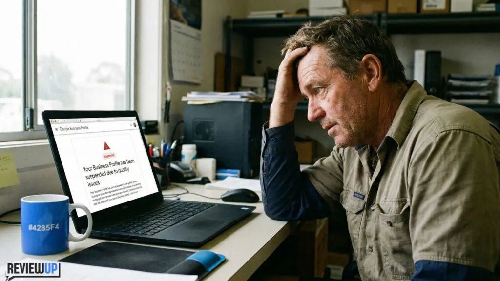 Australian small business owner looking at a Google Business Profile suspended notice on a laptop