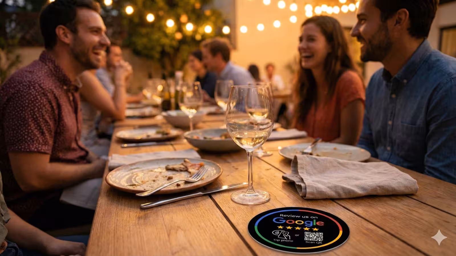 Google review plate with QR code fixed to a restaurant table