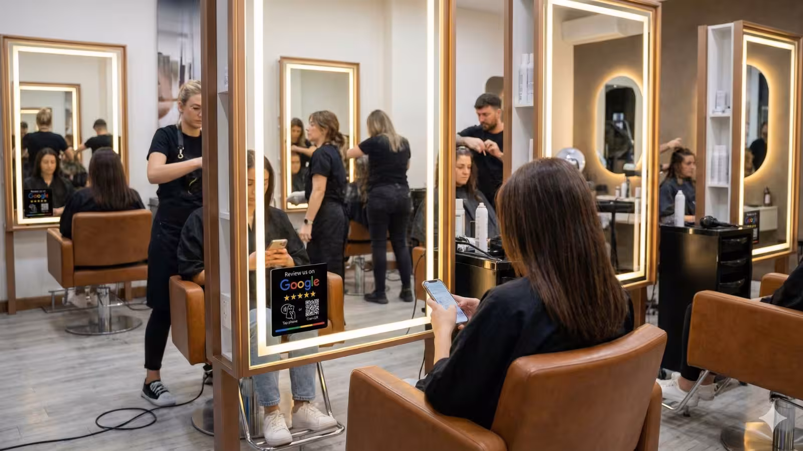 Google review QR plate on a hair salon mirror where a client is using their phone