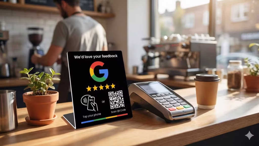 Google review stand with NFC and QR code on a cafe counter next to a payment terminal